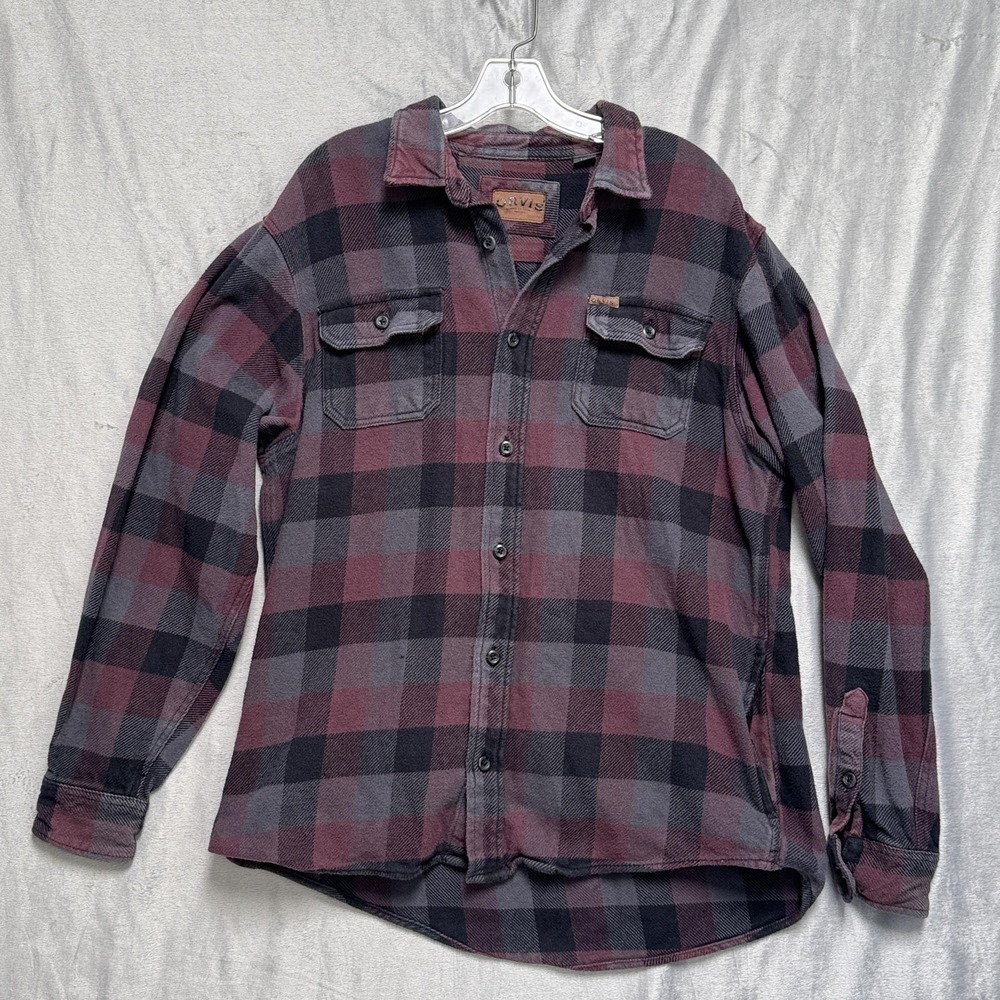 Orvis Shirt Mens Large Burgundy Gray Black‎ Plaid Flannel Long Sleeve Outdoor
